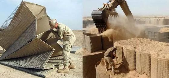 Sıcak Dip Galvanize Dörtgen Hesco Saldırma Duvarı Kahverengi / Yeşil Renkli Kumaşla